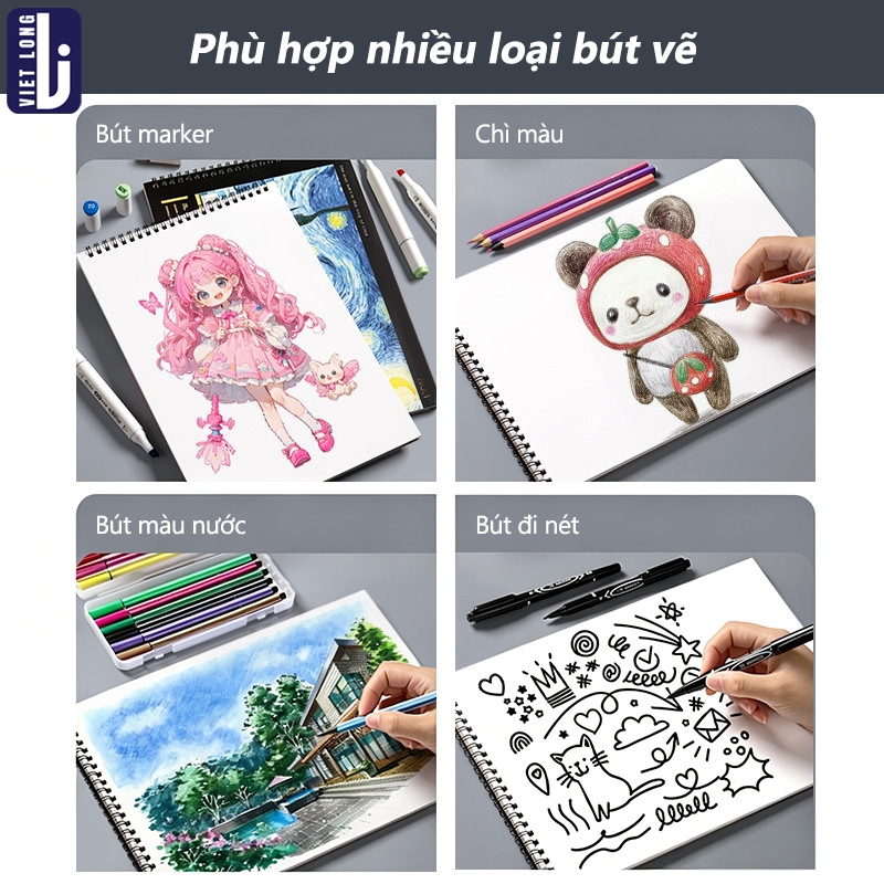 Sổ Vẽ A4/A5 Chuyên Dụng Cho Học Sinh, Giấy Siêu Dày Chống Thấm Hoàn Hảo Cho Màu Nước Và Sketch Marker, Lò Xo Tiện Lợi