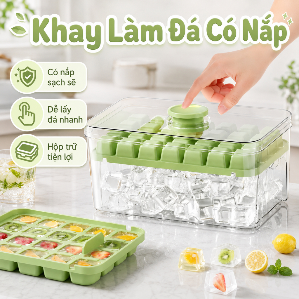 Khay Làm Đá Viên Kèm Hộp Đựng, Khuôn Đá Có Nút Bấm Tháo Đá Nhanh Chóng Richouse