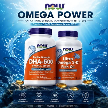 Dầu cá NOW Ultra Omega 3-D, 600 EPA / 300 DHA Fish Oil + Vitamin D-3 180 viên/Viên Uống Double Strength NOW DHA 500