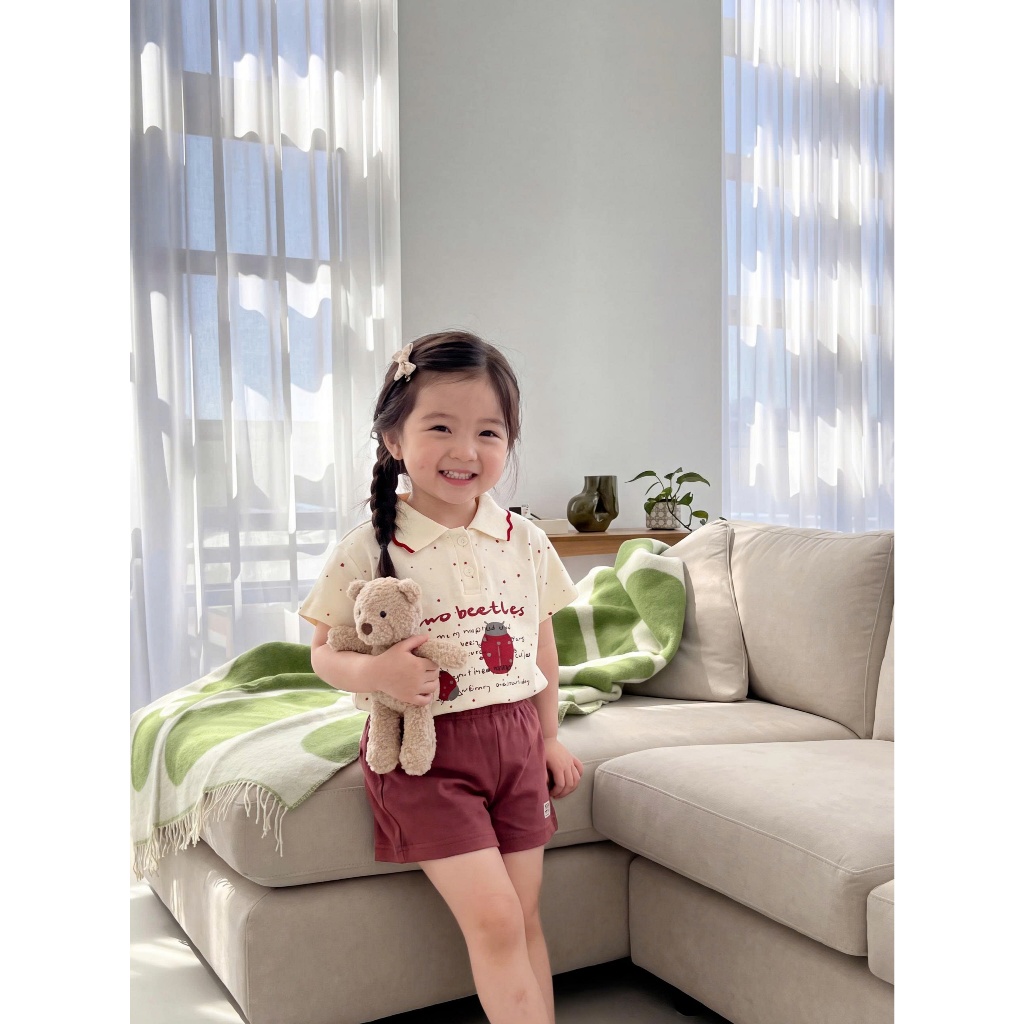 Set bộ polo cộc tay bé gái tay bồng Miniumbaby mix hình dễ thương cổ bèo, chất cotton mềm mát SB2669