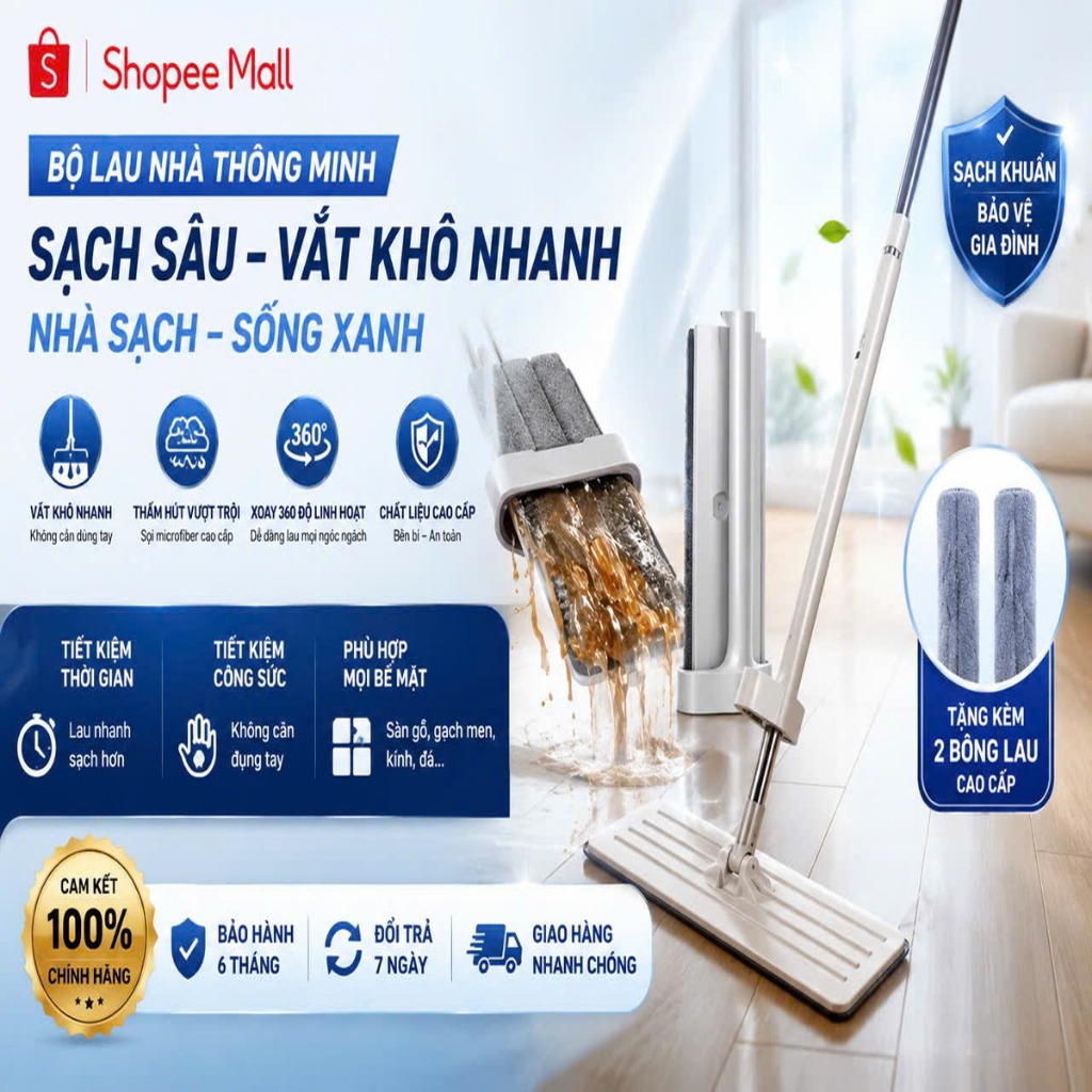 Chổi lau nhà tự vắt PTLUXURY thông minh tiện lợi tặng thêm 1 bông lau nhà [ HÀNG TỐT ]