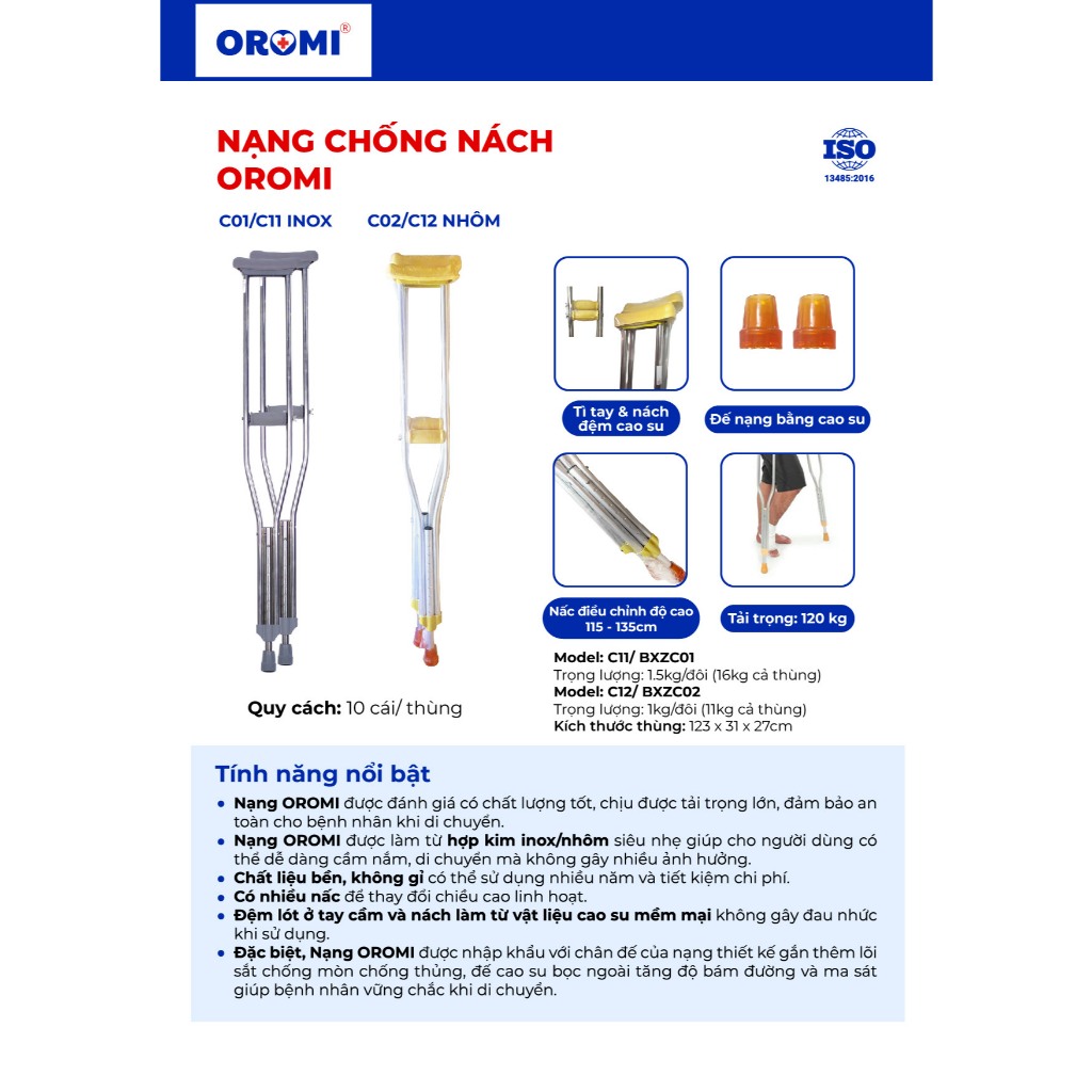 Nạng chống nách OROMI C11/C01 - C12/C02 nhập khẩu - Chất liệu inox/nhôm, cao su mềm - Dụng cụ hỗ trợ người khuyết tật