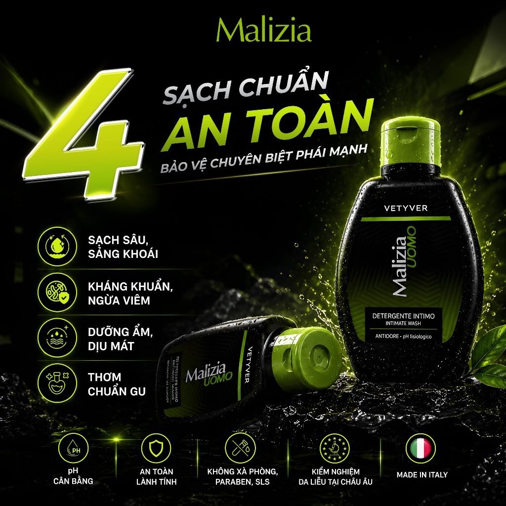 Dung Dịch Vệ Sinh Nam Malizia Uomo Detergente Intimo 200ml Hương Vetiver Nam Tính Làm Sạch Dịu Nhẹ Khử Mùi Cân Bằng