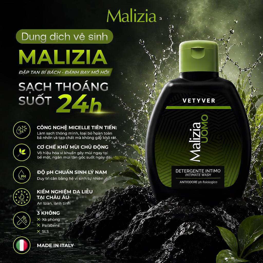 Dung Dịch Vệ Sinh Nam Malizia Uomo Detergente Intimo 200ml Hương Vetiver Nam Tính Làm Sạch Dịu Nhẹ Khử Mùi Cân Bằng