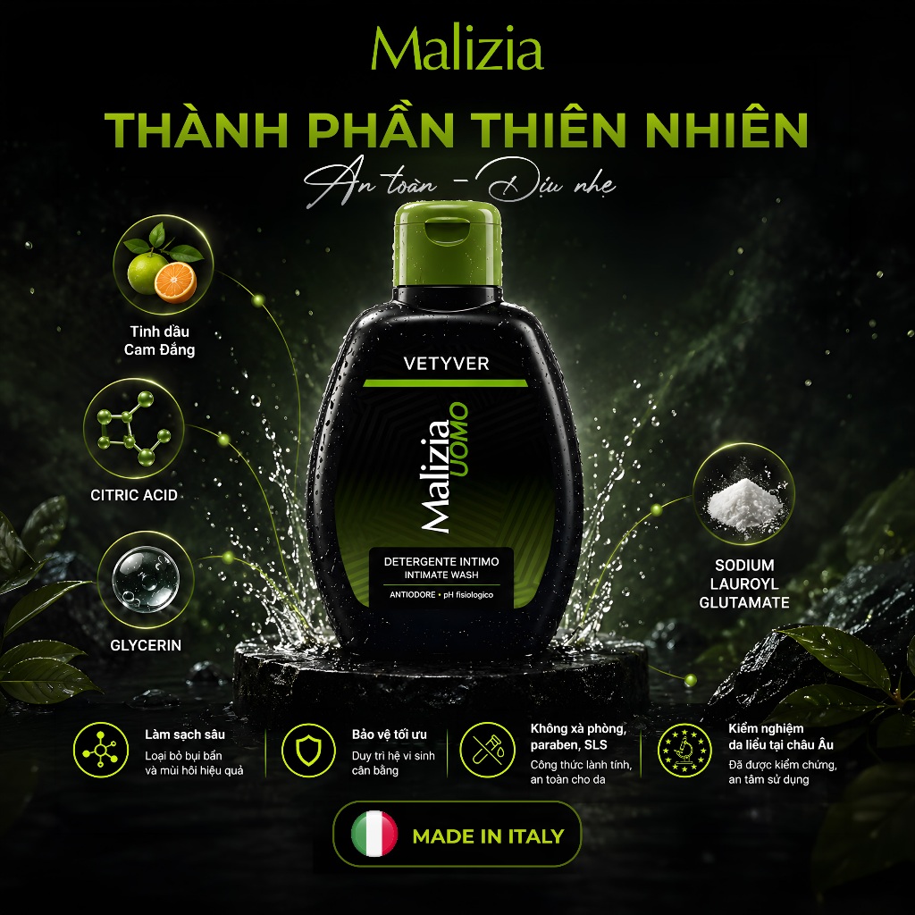 Dung Dịch Vệ Sinh Nam Malizia Uomo Detergente Intimo 200ml Hương Vetiver Nam Tính Làm Sạch Dịu Nhẹ Khử Mùi Cân Bằng