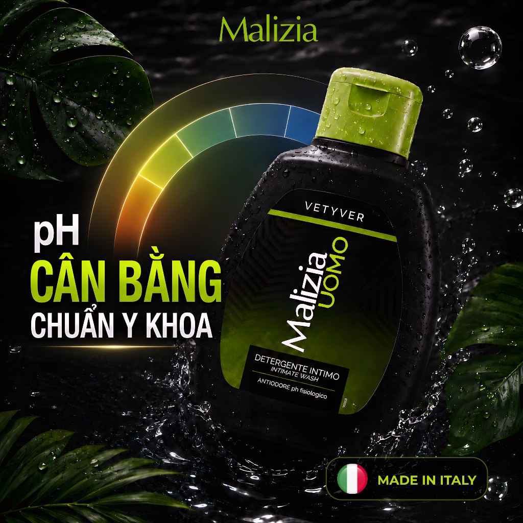 Dung Dịch Vệ Sinh Nam Malizia Uomo Detergente Intimo 200ml Hương Vetiver Nam Tính Làm Sạch Dịu Nhẹ Khử Mùi Cân Bằng