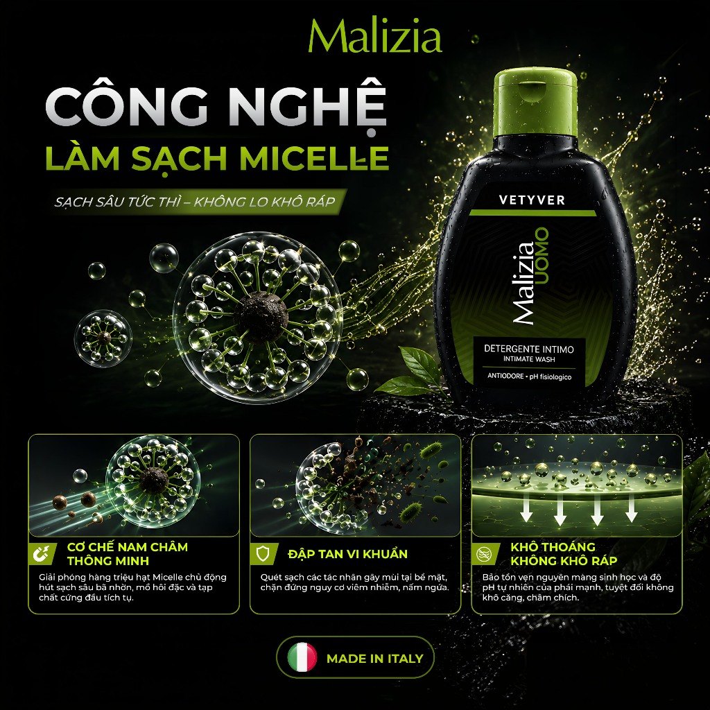 Dung Dịch Vệ Sinh Nam Malizia Uomo Detergente Intimo 200ml Hương Vetiver Nam Tính Làm Sạch Dịu Nhẹ Khử Mùi Cân Bằng