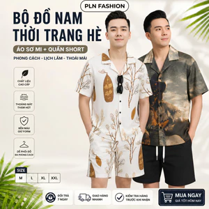 bộ đồ nam hè mặc ở nhà đi biển chơi du lịch chất lụa mát, bộ hè nam ngắn tay in họa tiết PLN fashion