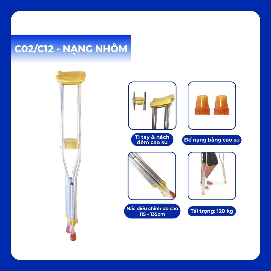 Nạng chống nách OROMI C11/C01 - C12/C02 nhập khẩu - Chất liệu inox/nhôm, cao su mềm - Dụng cụ hỗ trợ người khuyết tật