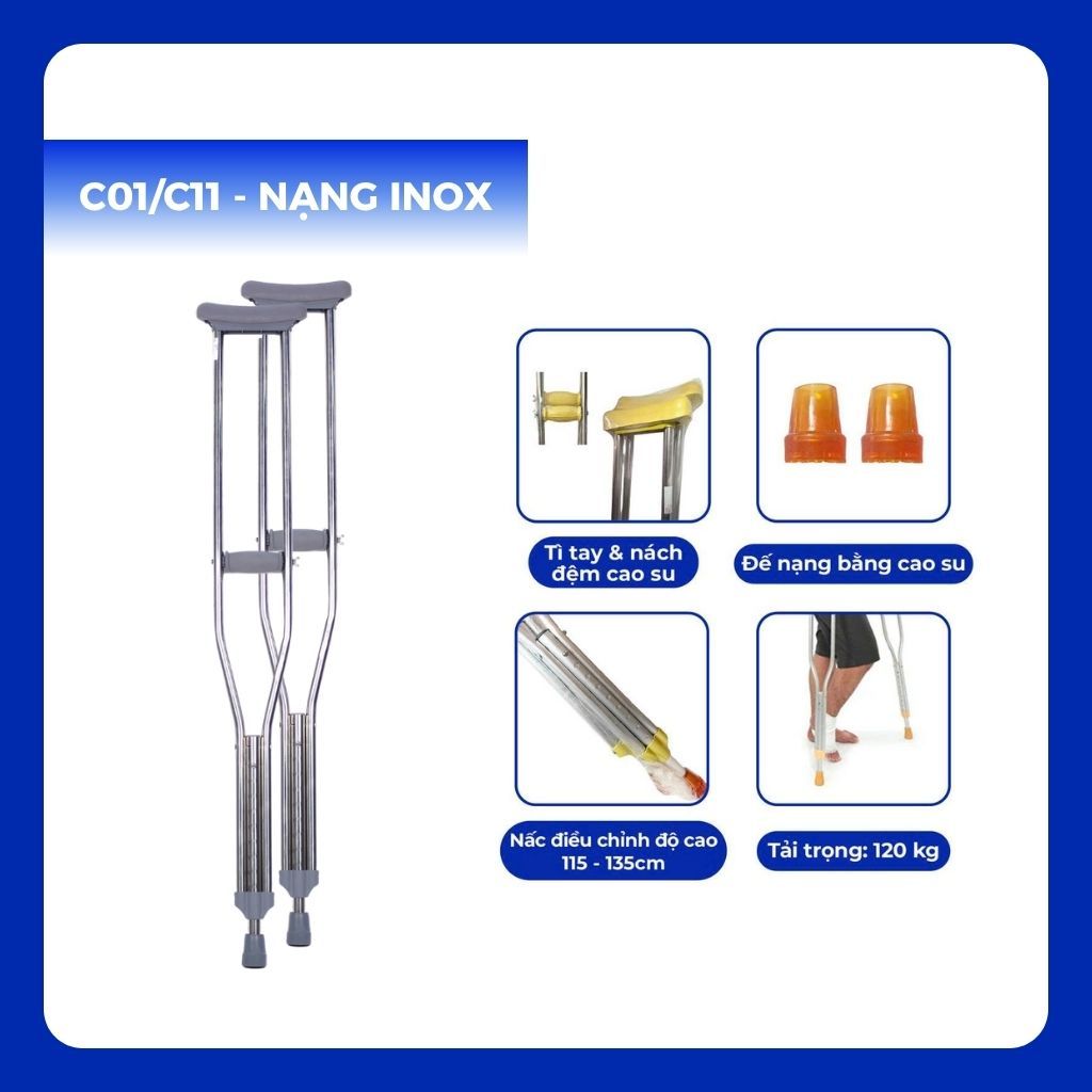 Nạng chống nách OROMI C11/C01 - C12/C02 nhập khẩu - Chất liệu inox/nhôm, cao su mềm - Dụng cụ hỗ trợ người khuyết tật