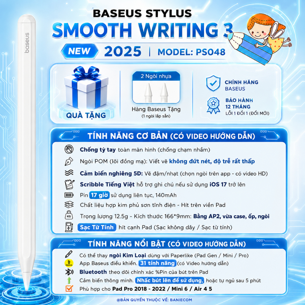 Bút cảm ứng Baseus Smooth Writing 3 PS025 PS001 PS3 PS045 PS003 PS026 PS052 Chống chạm Độ trễ thấp | BigBuy360 - bigbuy360.vn