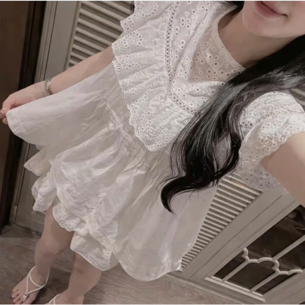 Set áo thô boill phối ren cổ tròn mix chân váy ren tầng cạp chun MUZA S54