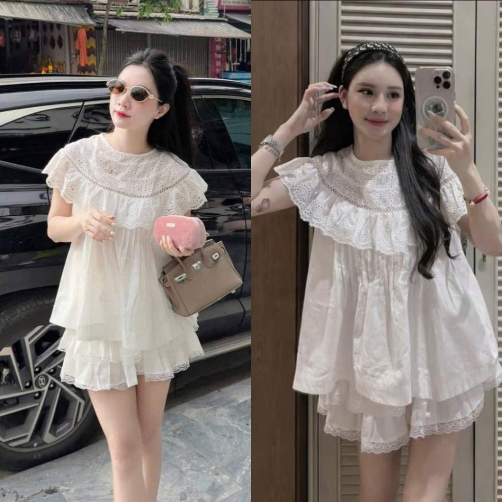 Set áo thô boill phối ren cổ tròn mix chân váy ren tầng cạp chun MUZA S54