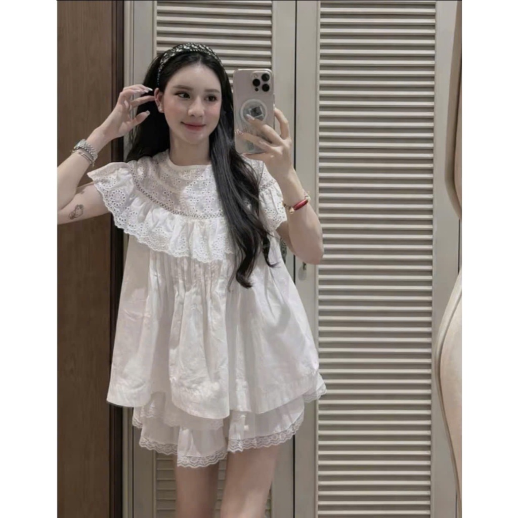 Set áo thô boill phối ren cổ tròn mix chân váy ren tầng cạp chun MUZA S54