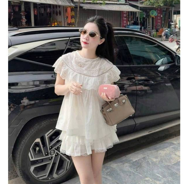Set áo thô boill phối ren cổ tròn mix chân váy ren tầng cạp chun MUZA S54