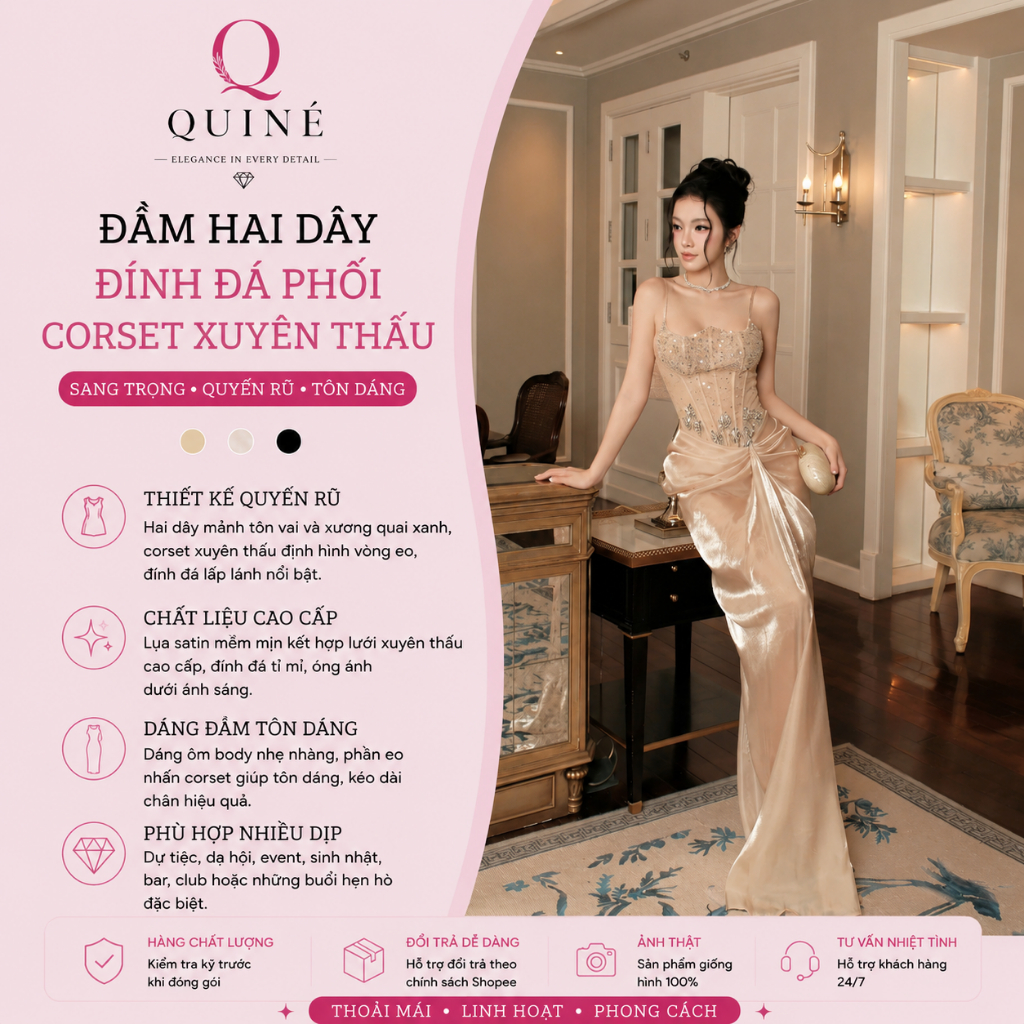Đầm Hai Dây Đính Đá Phối Corset Xuyên Thấu Cao Cấp - Váy Body Dự Tiệc Tôn Dáng Sang Trọng Quyến Rũ