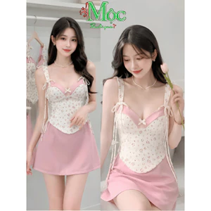 Set váy ngắn, Set thiết kế chất Mango áo hoa nhí 2s bản to cột nơ phối chân váy chữ A dáng mini_DX