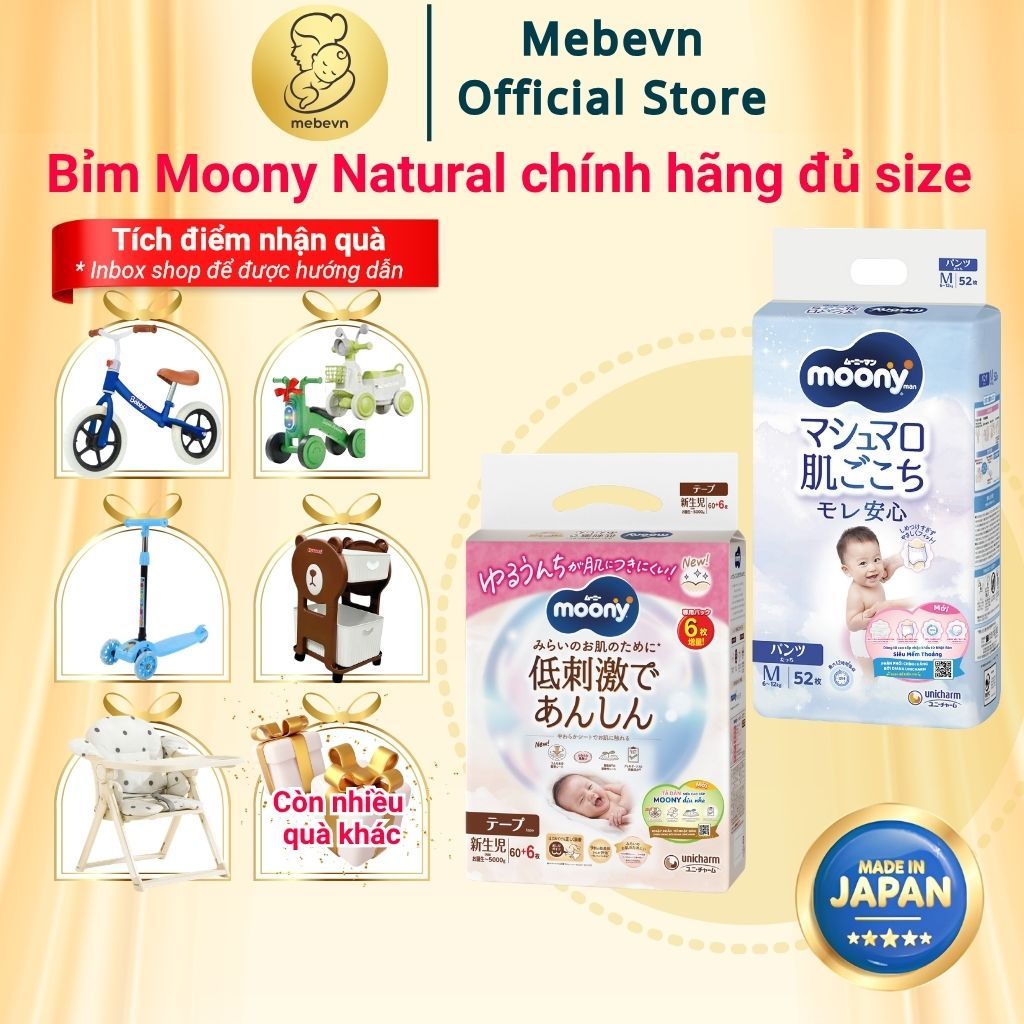 Bỉm moony trắng, bỉm moony natural chính hãng Dán/Quần đủ size NB62/S58/M46/L36/XL32