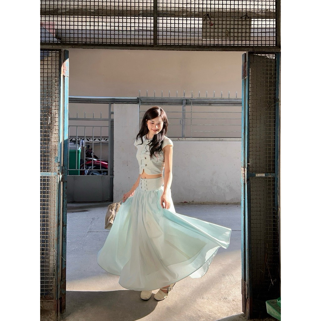 Chân váy nhúng tùng bồng xoè bản eo to phối nút cài mắt cáo to ORIN thiết kế (Mochi Skirt)