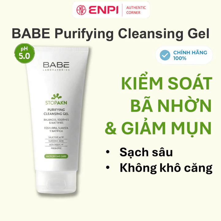 Sữa rửa mặt BABE Stop AKN Purifying Cleansing Gel cho da dầu mụn ENPI Chính hãng
