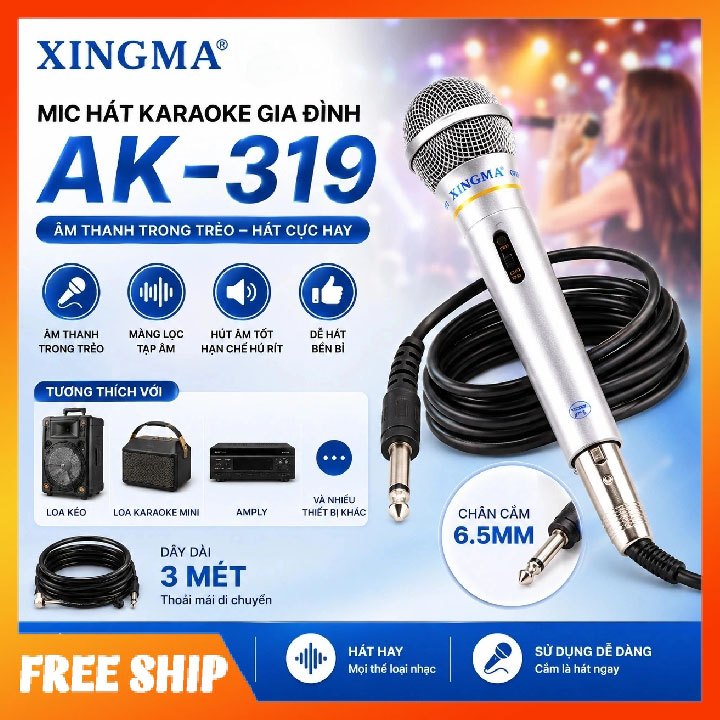 Mic hát karaoke gia đình Xingma Ak-319 âm thanh trong trẻo, màng lọc tạp âm, dây 3m, chân 6.5mm