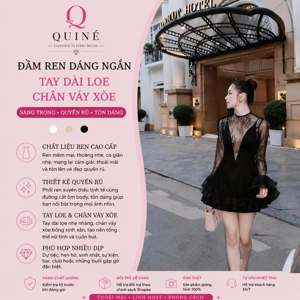 Đầm Ren Dáng Ngắn Tay Dài Loe Chân Váy Xòe Bồng Cao Cấp - Váy Tiểu Thư Thanh Lịch Dự Tiệc, Hẹn Hò