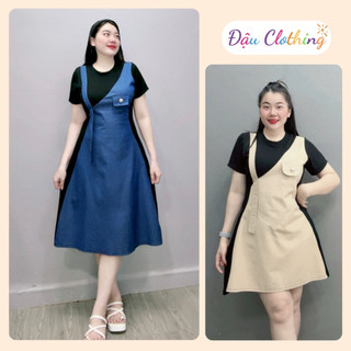Đầm Jean Bigsize Nữ Cổ Tròn Cách Điệu Phối Denim Yếm Jean Tay Ngắn Dáng A Tôn Dáng Trẻ Trung