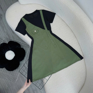 Đầm Jean Bigsize Nữ Cổ Tròn Cách Điệu Phối Denim Yếm Jean Tay Ngắn Dáng A Tôn Dáng Trẻ Trung