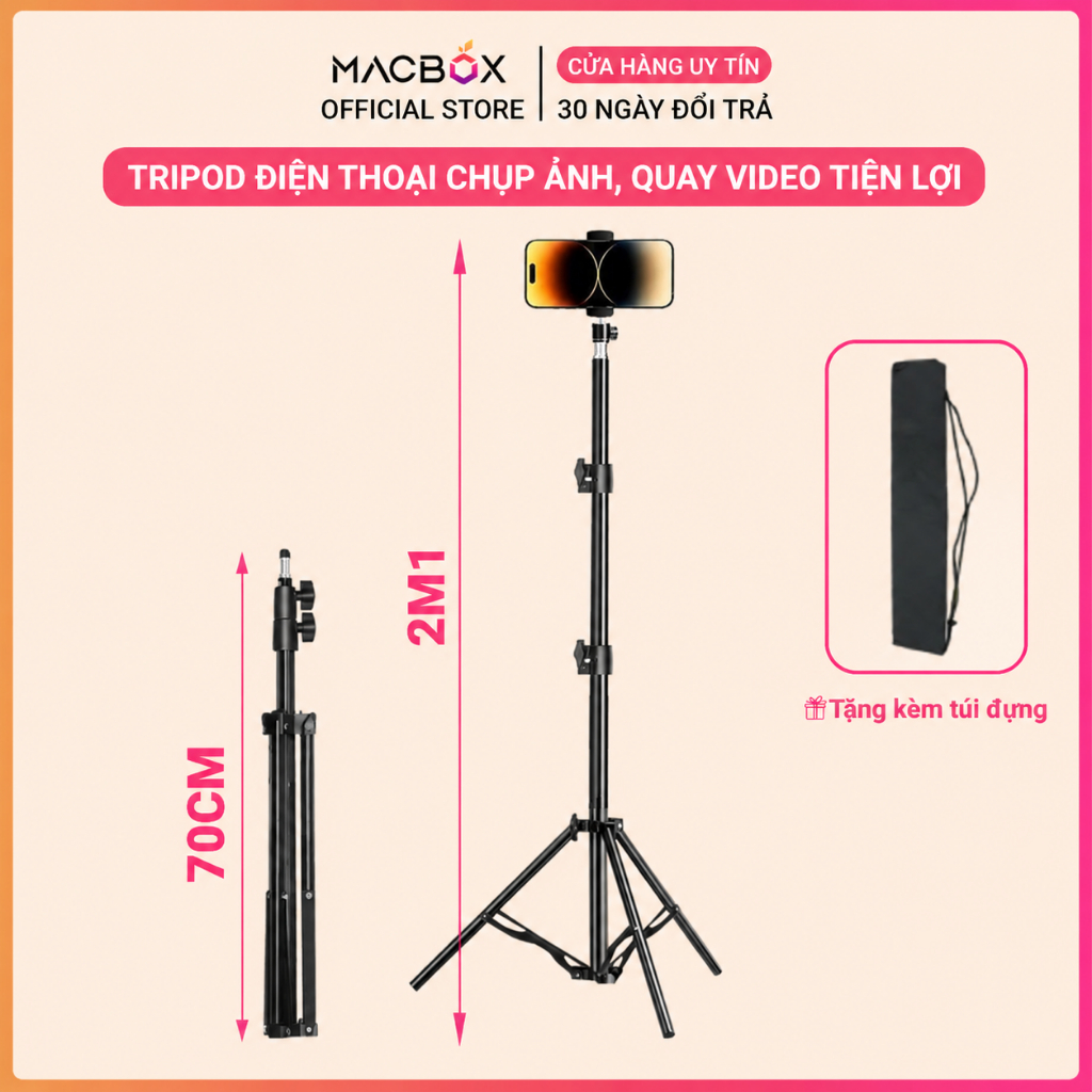 Chân đỡ điện thoại, máy ảnh Tripod 3 chân cao 2M1 chụp ảnh, quay phim video, livestream có remote xoay 360 độ Macbox