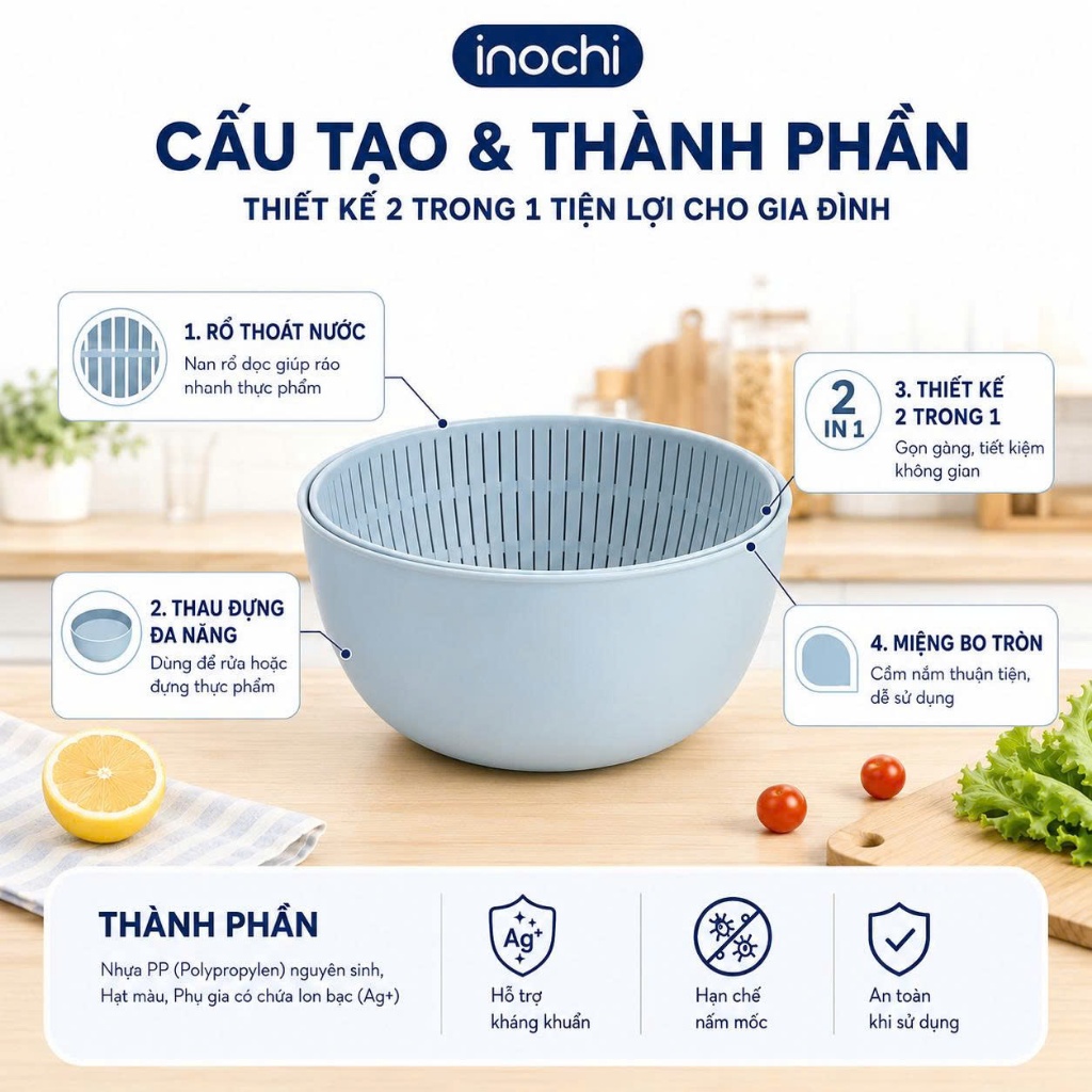 Bộ thau rổ đa năng Inochi - Yoko 23 cm màu Xanh/Hồng/Ghi