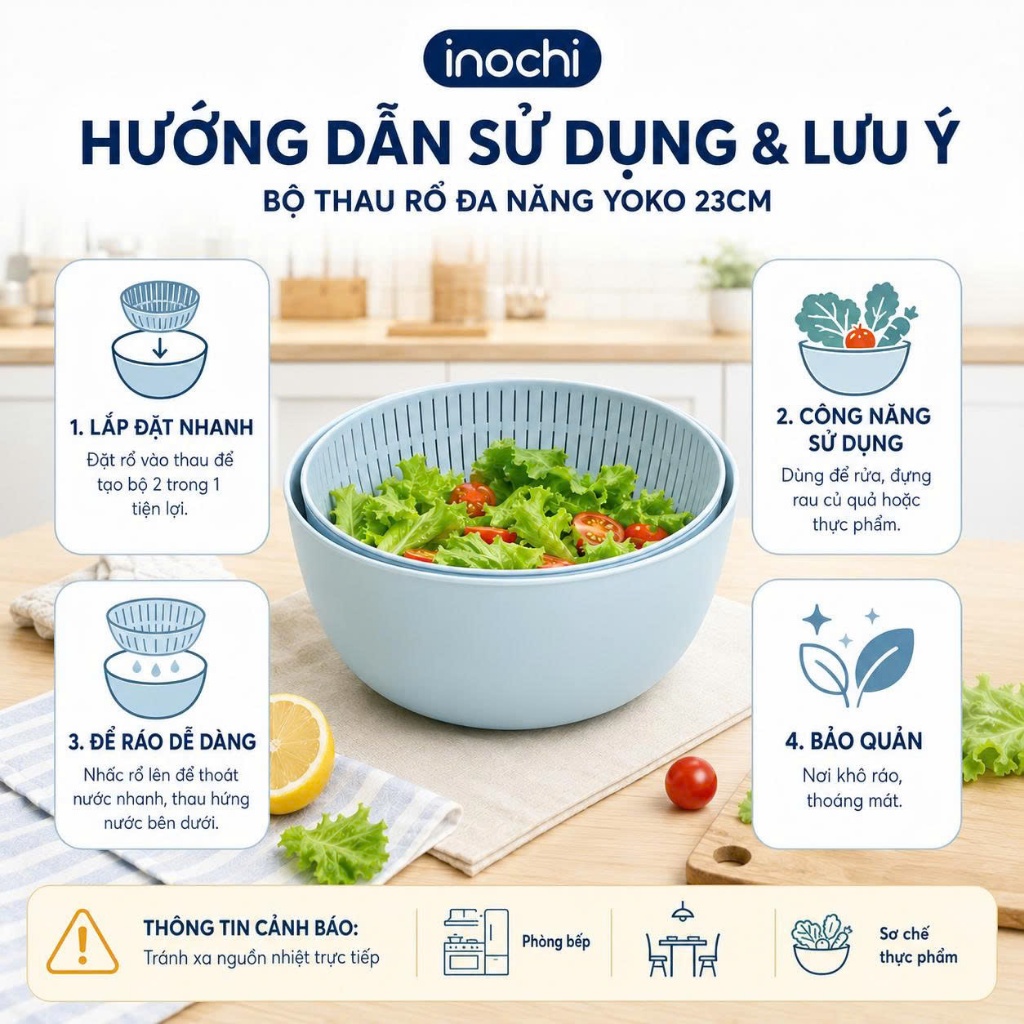 Bộ thau rổ đa năng Inochi - Yoko 23 cm màu Xanh/Hồng/Ghi