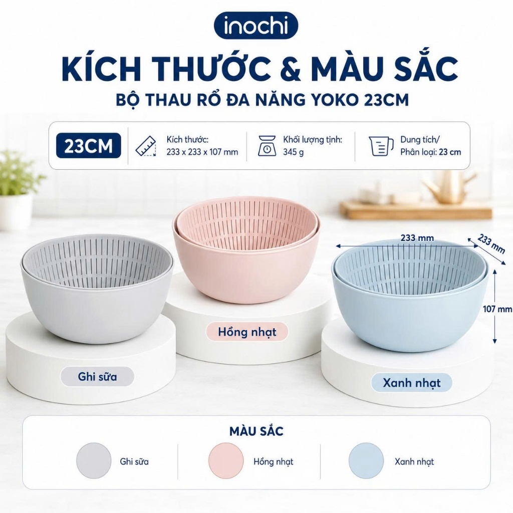 Bộ thau rổ đa năng Inochi - Yoko 23 cm màu Xanh/Hồng/Ghi