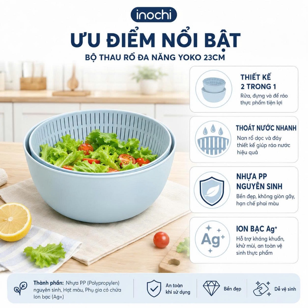 Bộ thau rổ đa năng Inochi - Yoko 23 cm màu Xanh/Hồng/Ghi