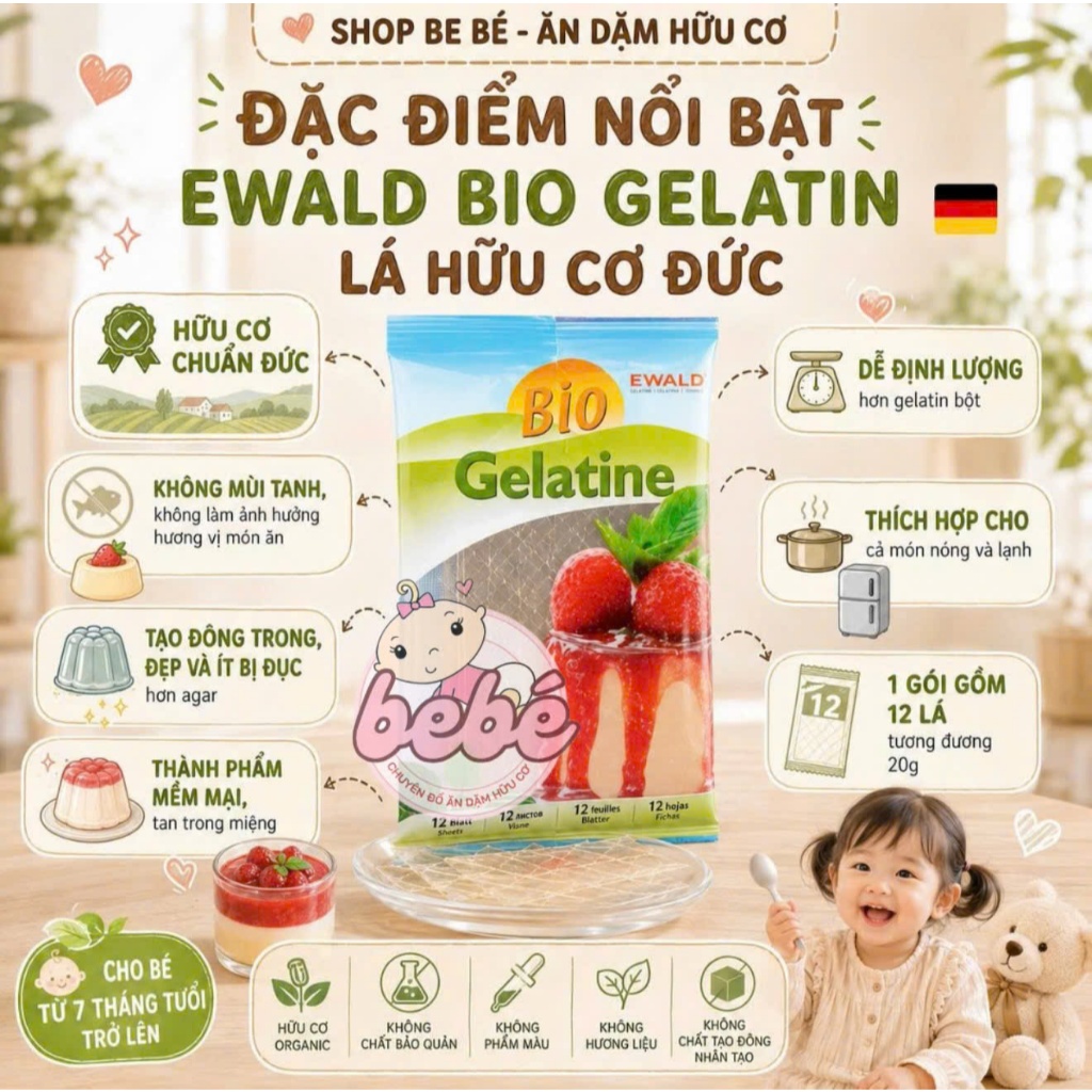 Gelatine Lá Hữu Cơ Đức Ewald Bio 20g/12 Lá. Gelatine Lá Hữu Cơ Cho Bé 7M+