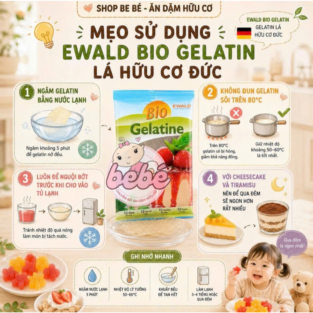 Gelatine Lá Hữu Cơ Đức Ewald Bio 20g/12 Lá. Gelatine Lá Hữu Cơ Cho Bé 7M+