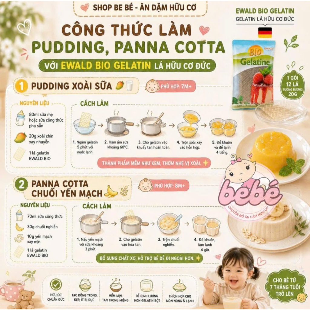 Gelatine Lá Hữu Cơ Đức Ewald Bio 20g/12 Lá. Gelatine Lá Hữu Cơ Cho Bé 7M+