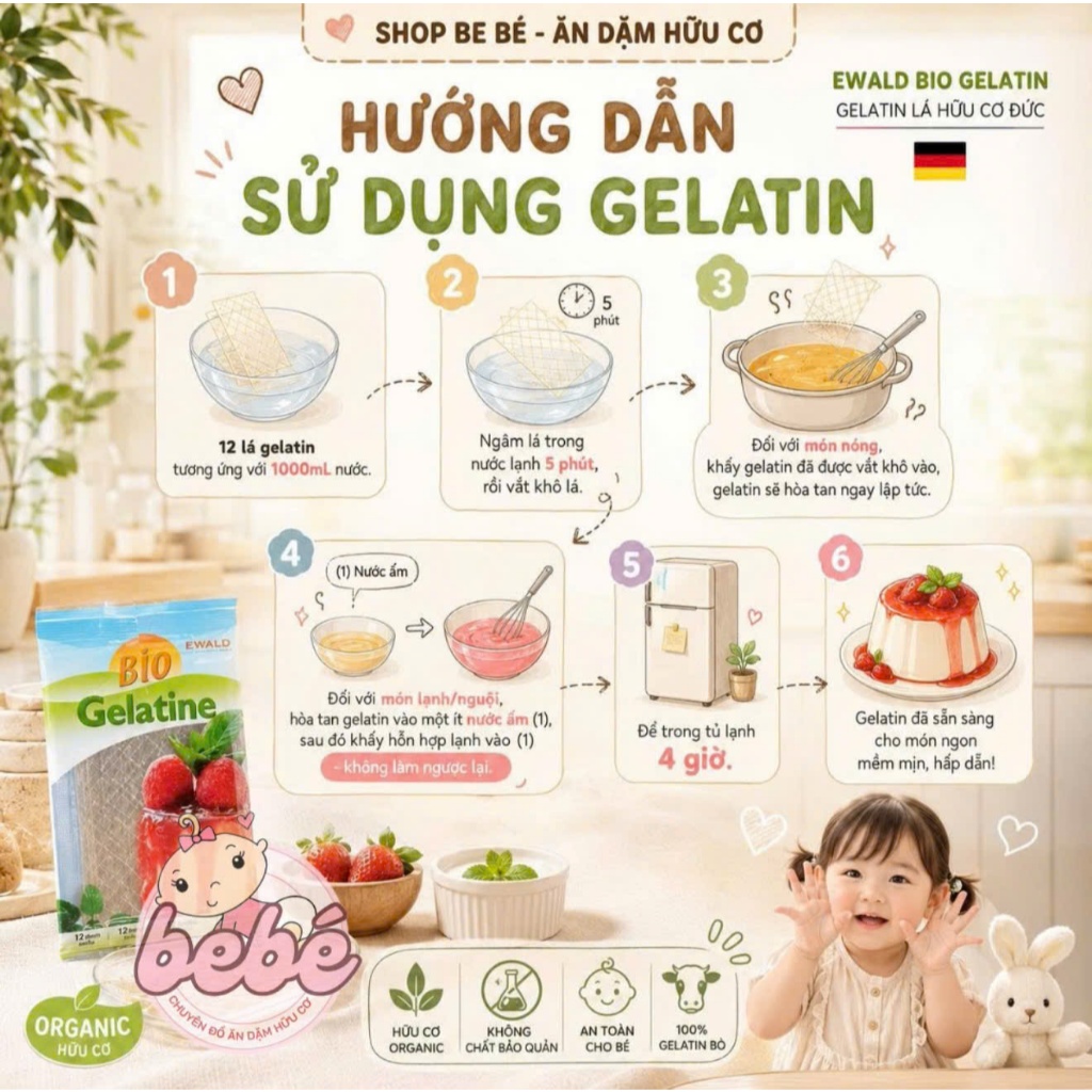 Gelatine Lá Hữu Cơ Đức Ewald Bio 20g/12 Lá. Gelatine Lá Hữu Cơ Cho Bé 7M+