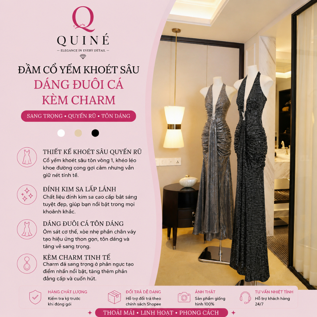 Đầm Cổ Yếm Khoét Sâu Dáng Đuôi Cá Kèm Charm Cao Cấp - Váy Dự Tiệc Tôn Dáng Sang Trọng Quyến Rũ Cho Nữ