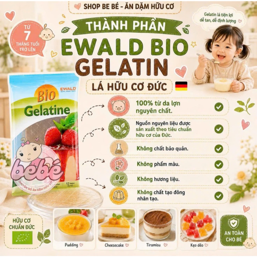 Gelatine Lá Hữu Cơ Đức Ewald Bio 20g/12 Lá. Gelatine Lá Hữu Cơ Cho Bé 7M+