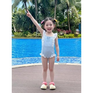 Đồ bơi bé gái, bộ bơi liền thân bé gái (10-30kg) kẻ sọc xanh vai bèo dễ thương XUKA BABY - M1