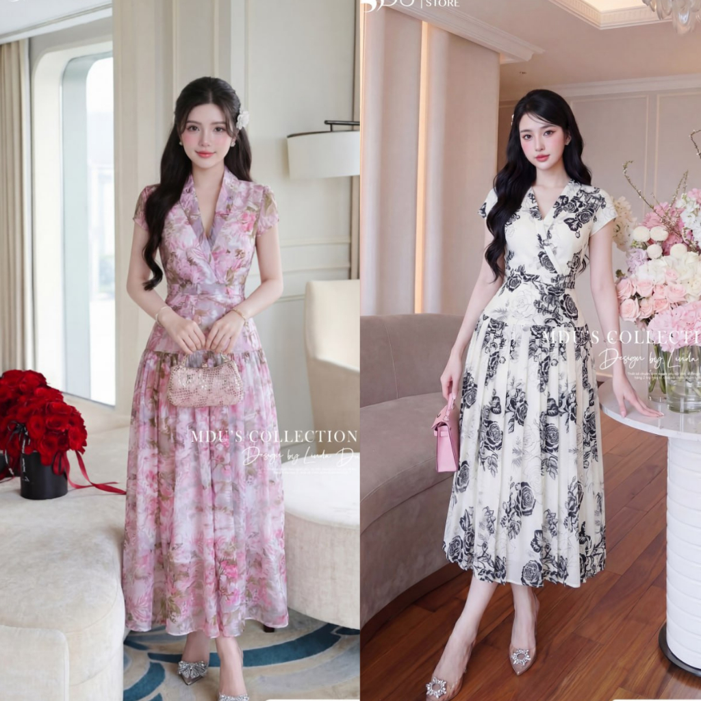 Váy Thiết Kế ADELA DESIGN Tơ Óng Cao Cấp Dáng Xòe Thanh Lịch Chiết Eo Tôn Dáng BST MDU4959