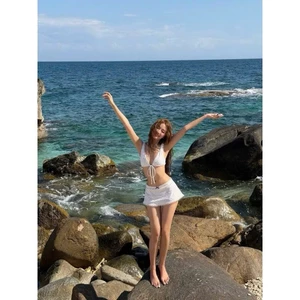 SET ÁO HAI DÂY CỘT NƠ PHỐI CHÂN VÁY REN TRÒN CHẤM BI, SET BIKINI NỮ MÙA HÈ DU LỊCH ĐI BIỂN | MEOINDAHOUSE