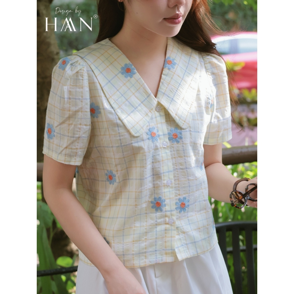 Áo Sơ Mi Nữ Kẻ Vàng Chanh Thêu Hoa Nổi, Chất Vải Mềm Mịn Thoáng Mát - HAAN Design SM2642