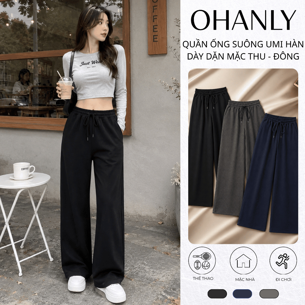 Quần Suông Nữ OHANLY Umi Hàn Dày Dặn – Quần Ống Rộng Form Dài Basic Mặc Đi Chơi, Đi Làm Phù Hợp Thời tiết Thu Đông