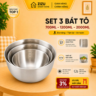 Set 3 Bát Trộn Bột,Thau Trộn Salad,Ướp Thịt,Tô Đựng Cơm Canh Inox Cao Cấp Có Vạch Chia Dung Tích