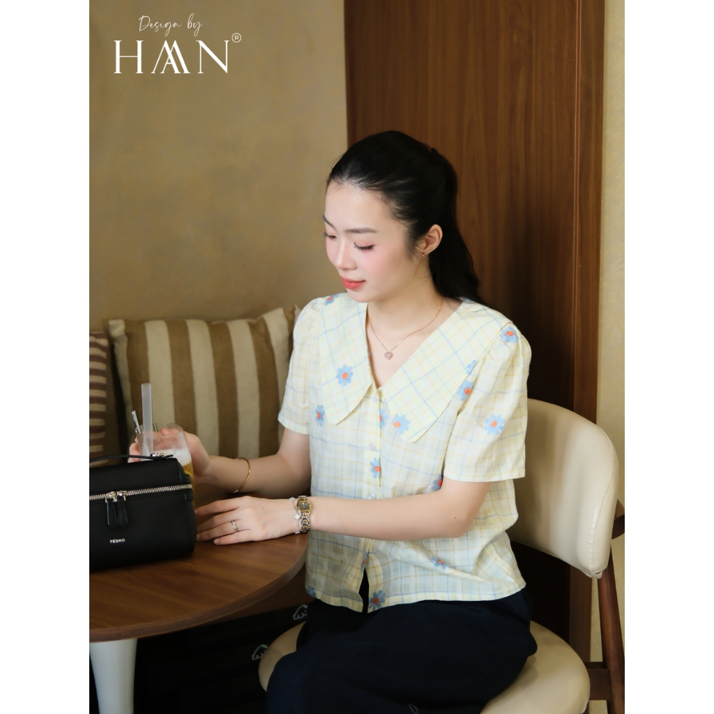 Áo Sơ Mi Nữ Kẻ Vàng Chanh Thêu Hoa Nổi, Chất Vải Mềm Mịn Thoáng Mát - HAAN Design SM2642