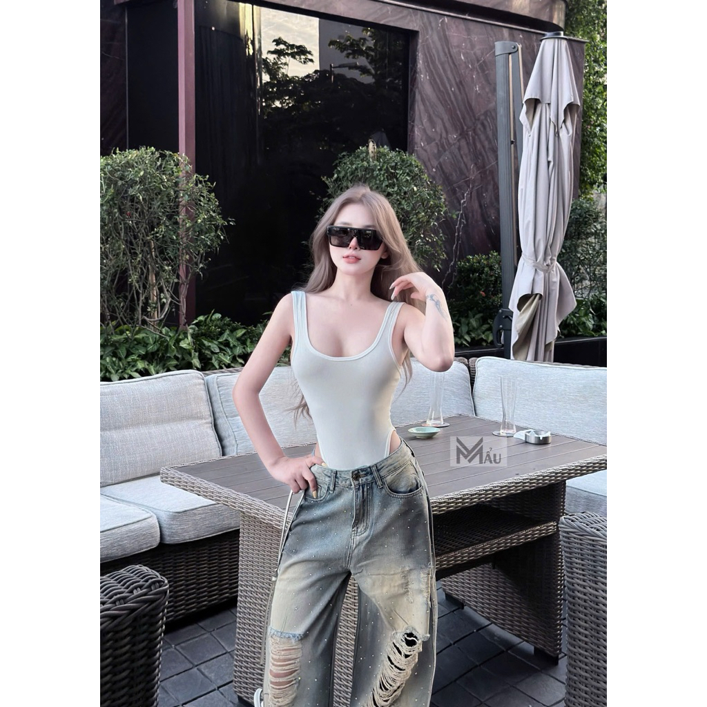 Áo body suits cổ u mix đồ siu xinh