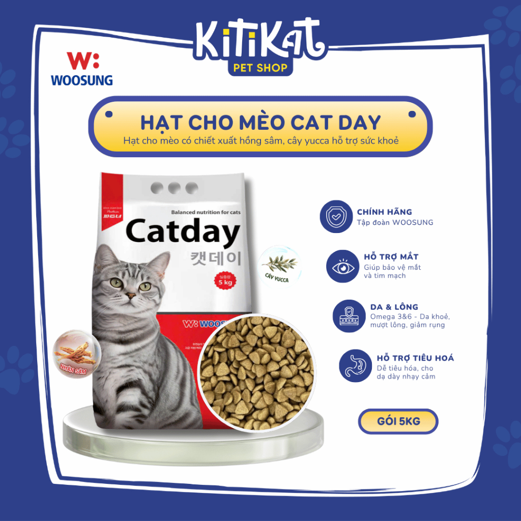 [Seal 5kg] Hạt Dinh Dưỡng Cho Mèo CATDAY 5kg - Hồng Sâm Tăng Đề Kháng, Yucca Hạn Chế Hôi Phân