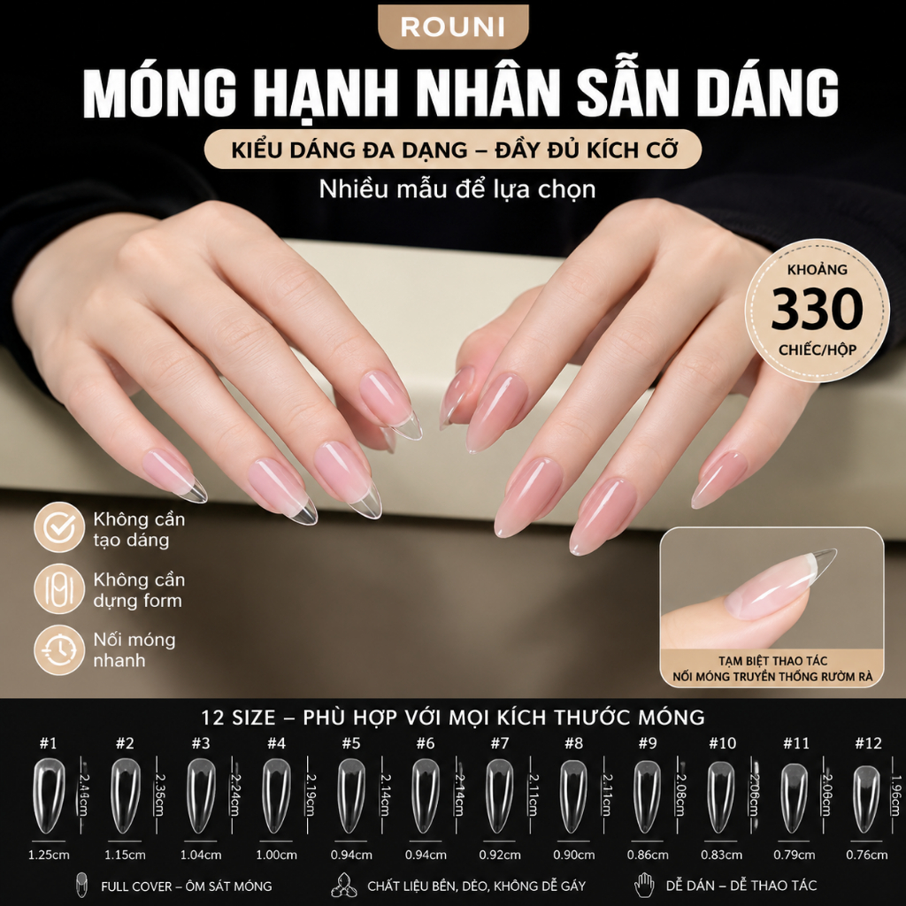 ROUNI Móng úp Hạnh Nhân Trong Suốt 12 Kích Cỡ 330pcs Dành Cho Nail Salon