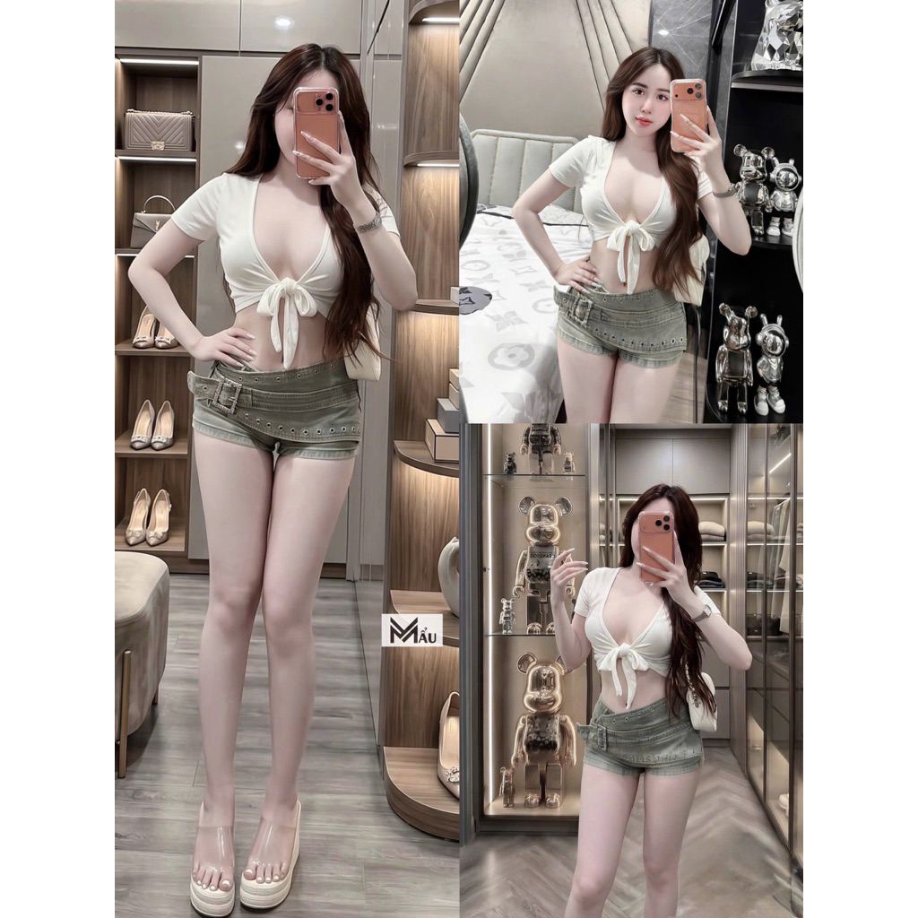 Áo cộc tay buộc nơ ngực mix đồ xinh xỉu